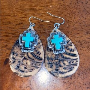 Leather tooled earrings with Turquoise Cross
